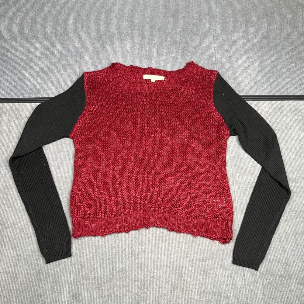 Red Marled Knit Crewneck y2k Sweater Black Ribbed Sleeve Colorblock Pullover vtg